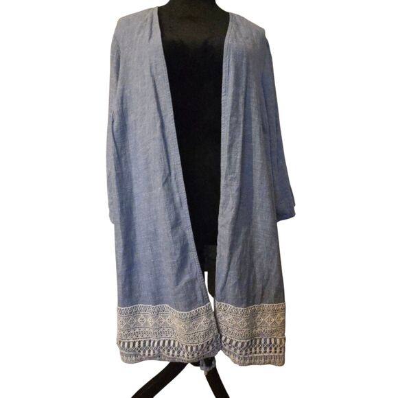 Catherines Cardigan Duster Coverup OX Plus Light Blue Linen Lace Coastal - Picture 1 of 8